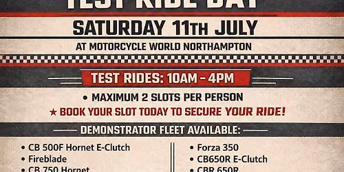 TEST RIDE DAY SATURDAY 18TH APRIL 2026