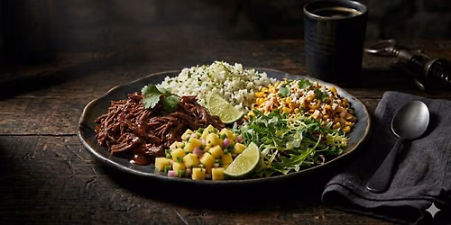 Cork 'N' Fork - Barbacoa Beef with Pineapple Pico De Gallo & warm tortilla with Cilantro-Lime Rice