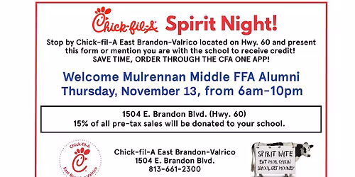 Mulrennan FFA Alumni Spirit Night-Chick-Fil-A