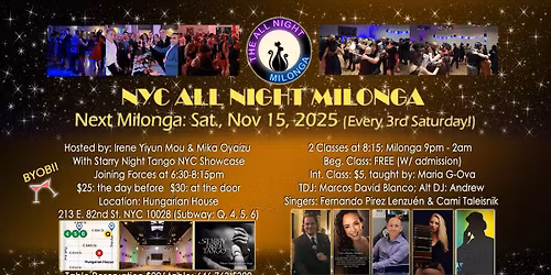 Nov 15 All Night Milonga + Starry Night NYC Tango Showcase & Gala Night @ Hungarian House