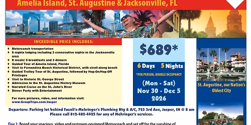 Jasper Indiana Travelers Amelia Island, St Augustine & Jacksonville, FL bus trip Nov 30-Dec 5, 2026