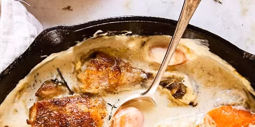 Cork 'N' Fork- Chicken Fricassee Creamy roasted garlic mashed potatoes lemon green beans