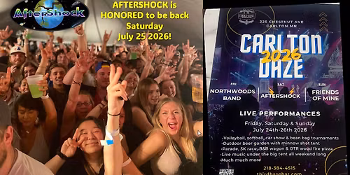 CARLTON DAZE!! AFTERSHOCK ROCKS SATURDAY NIGHT 9-1AMAM!