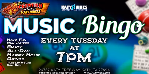 \ud83c\udfb6 Music Bingo Tuesdays at Katy Vibes! \ud83c\udfb6