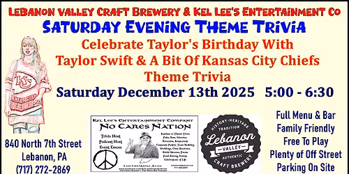 Taylor Swift \/ Kansas City Chiefs Theme Trivia at Lebanon Valley Craft Brewery