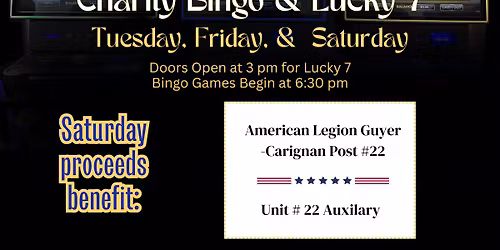 Saturday Night Charity Bingo to benefit the American Legion Auxiliary Post 22
