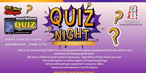 General Knowledge Speed Quiz with Sing Along Bingo - 10th June 2026
