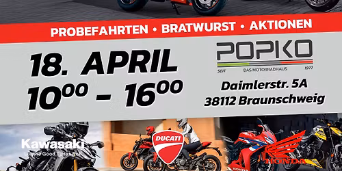 Saisonstart 2026 - Probefahrten (Ducati, Kawasaki & Honda), Bratwurst und Aktionen bei Popko! 