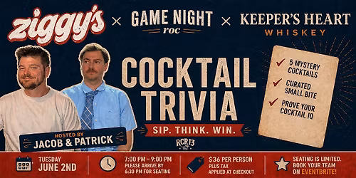 Cocktail Trivia Night with Game Night Roc & Keeper\u2019s Heart Whiskey