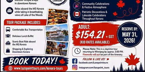 KENORA, ONTARIO BUS TOUR - LUNCH BUFFET & BOAT CRUISE