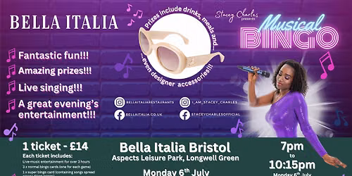Midweek Musical Bingo at Bella Italia Aspects Leisure Park (Longwell Green) - Monday 6th July 7pm