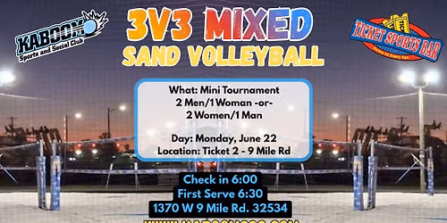 MON. 3v3 Mixed Sand Volleyball Mini Tourney \/ Ticket Sports Bar #2 (6\/22\/26)