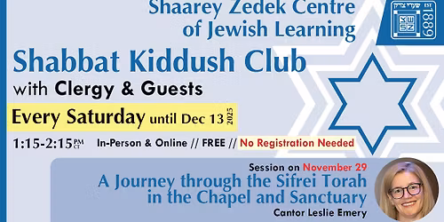 Shabbat Kiddush Club - This week: Cantor Leslie Emery