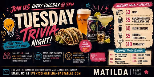 Tuesday Trivia Night at Matilda | Free Trivia, Tacos & Margaritas