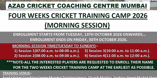 AZAD CRICKET COACHING CENTRE MUMBAI FOUR WEEKS CRICKET TRAINING CAMP 2026(MORNING SESSION)