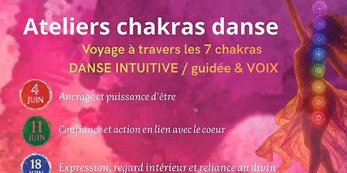 3 Ateliers \/ 7 CHAKRAS DANSE : 4 juin \/11 et 18 juin