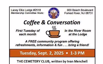 Coffee & Conversation, Sept's Event "The Cemetery Club" for Members and the General Public, no cost.