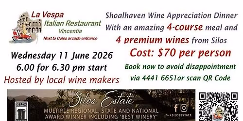 Shoalhaven Wine Appreciation Dinner with 4-course meal and  4 premium wines from Silos estate