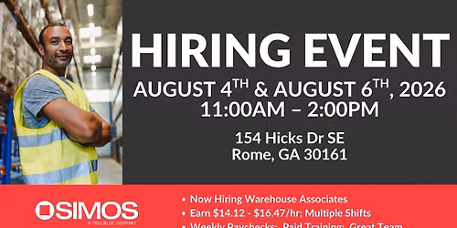 Hiring Event in Rome, GA!