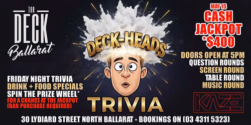 Deck-Heads Trivia at The Deck Ballarat from 7pm - Hosted by Kaze Entertainment