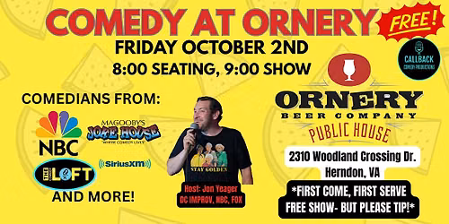 Standup Comedy at Ornery Beer Company Herndon- FREE!*