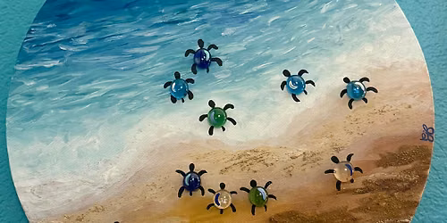 Sea Turtles mixed media round canvas painting at Wild Blue Yonder Brewing