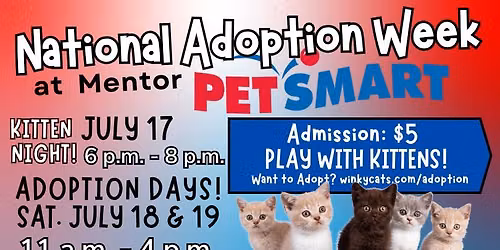 National Adoption Week at Mentor PetSmart July 17, 18, 19, 2026