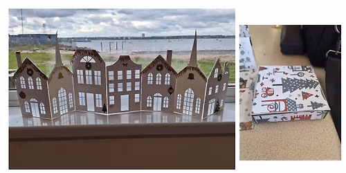 Matching cards and Boxes. Christmas Village and Chrsitmas decorations