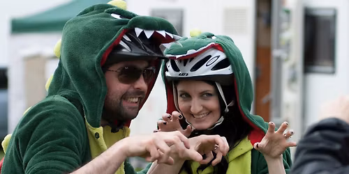 Biking around Rutland Water dressed as a dinosaur