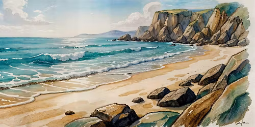 Coastal landscape Painting in traditional watercolour