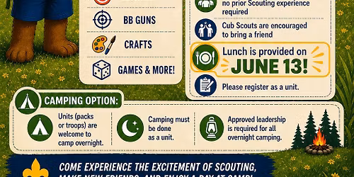 One-day, day camp open to all kids 5-11.  Cub Scout Stampede!