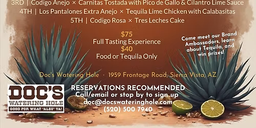 \ud83e\udd43\u2728 TEQUILA PAIRING DINNER at Doc's Watering Hole \u2728\ud83e\udd43