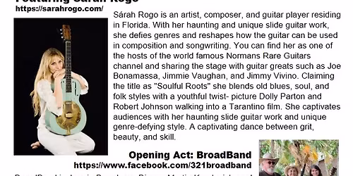 Indoor Live Acoustic Music Concert - Featuring S\u00e1rah Rogo, w\/Opening act Broadband