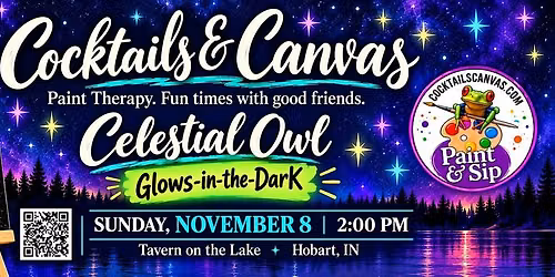 GLOW in the DARK Celestial Owl Cocktails & Canvas Fun Paint & Sip Art Event