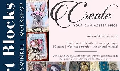 Art Blocks Mixed Media (4) workshop @R495.00, 2,6,15,25 Aug, 20 Sep, 1,4 Oct, 4,29Nov,  @ Jabezz