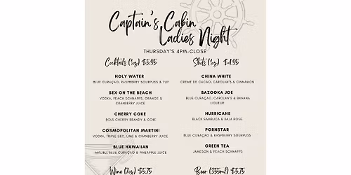 Ladies Night Specials Every Thursday @ The Captains Cabin Pub