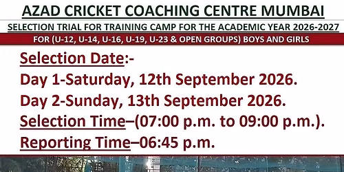ACCC MUMBAI SELECTION TRIAL FOR TRAINING CAMP FOR THE ACADEMIC YEAR 2026-2027