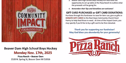 Pizza Ranch Community Impact Fundraising Event for Beaver Dam Boys High School Hockey