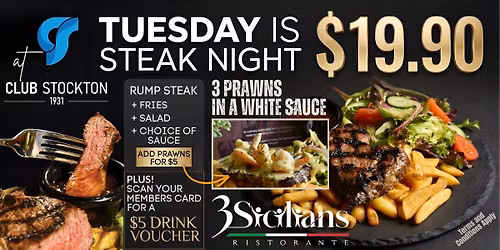 3Sicilians\u2019 signature 250g Rump Steak, fries, salad & sauce for just $19.90.