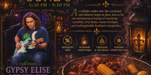 Bayou Twilight Soiree: Evening Crawfish Boil w\/Gypsy Elise & The Royal Blues feat. Tyler Goodson!