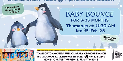 Kenmore Winter Story Time - Baby Bounce for ages 3-23 months, registrations open Dec 15