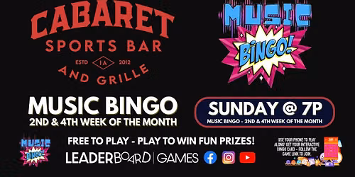 Music BINGO SUNDAY 7p | Cabaret Sports Bar - Ankeny IA - 2nd and 4th week of month @LeaderBoardGames