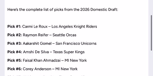 Major League Cricket: MI New York vs. Texas Super Kings & San Francisco Unicorns vs. Seattle Orcas