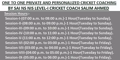 ONE TO ONE PRIVATE AND PERSONALIZED CRICKET COACHING BY SAI NS NIS LEVEL-I CRICKET COACH SALIM AHMED