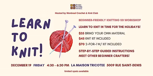 Learn to Knit! Beginner Knitting 101 Workshop in Montreal