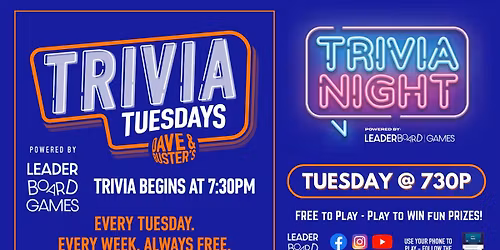 Trivia Night | Dave & Buster's - Braintree MA - TUE 730p @LeaderBoardGames