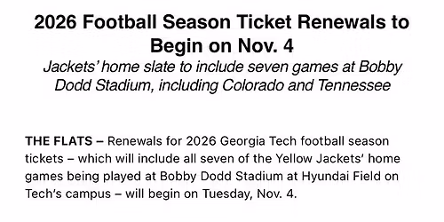 2026 Georgia Tech Yellow Jackets Football Season Tickets (Includes Tickets To All Regular Season Home Games)