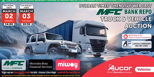 Timed then Live Webcast MFC Bank Repo Truck & Vehicle Auction \u2b50 Durban \u2b50