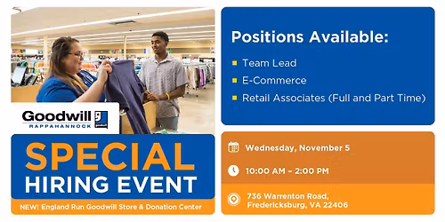 Special Hiring Event \u2013 England Run Goodwill Store & Donation Center