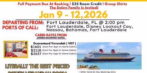 Disney Dream Group Cruise| 2PPL For $1601 (Verandah Room)| Onboard Credit & Group Shirt Included!|